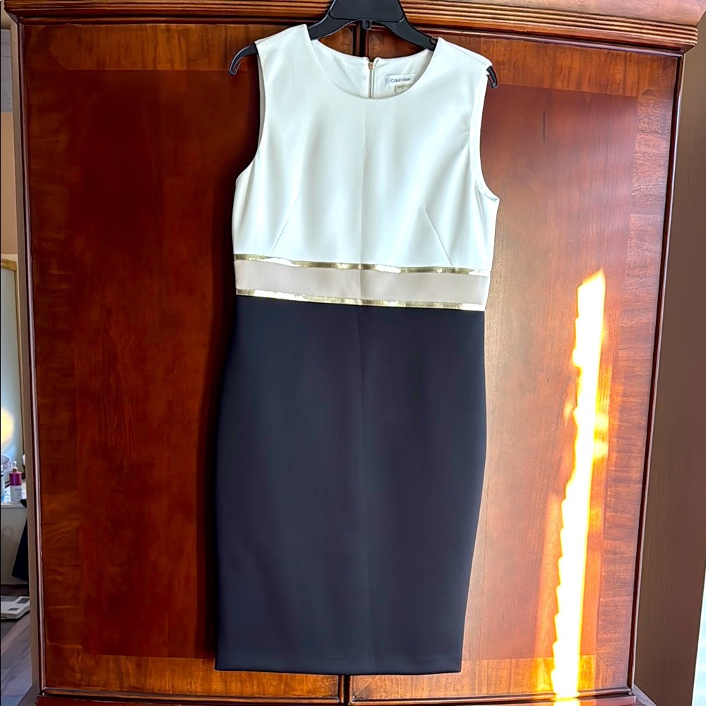 Calvin Klein Color Block Black and White with gold accents Sheath Knee Dress